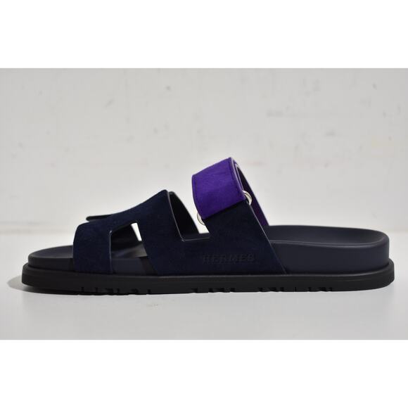 Hermes Chypre Sandal Black Violet Purple Blue H Logo Strap Slide Slip On Flat 37 - Picture 8 of 12